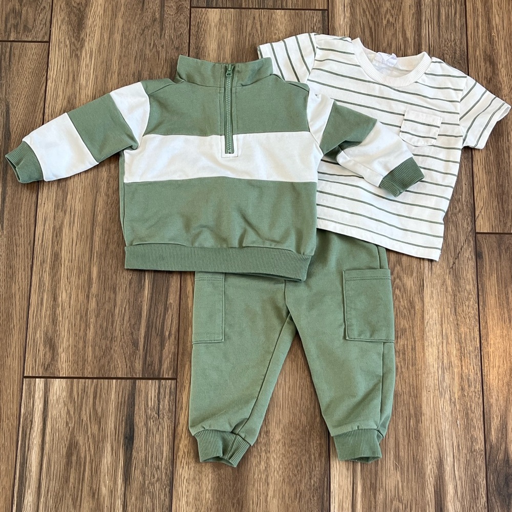 Petit Lem Baby Green & White Quarter Zip Pullover and Jogger Set, 4pc set, 12 mo